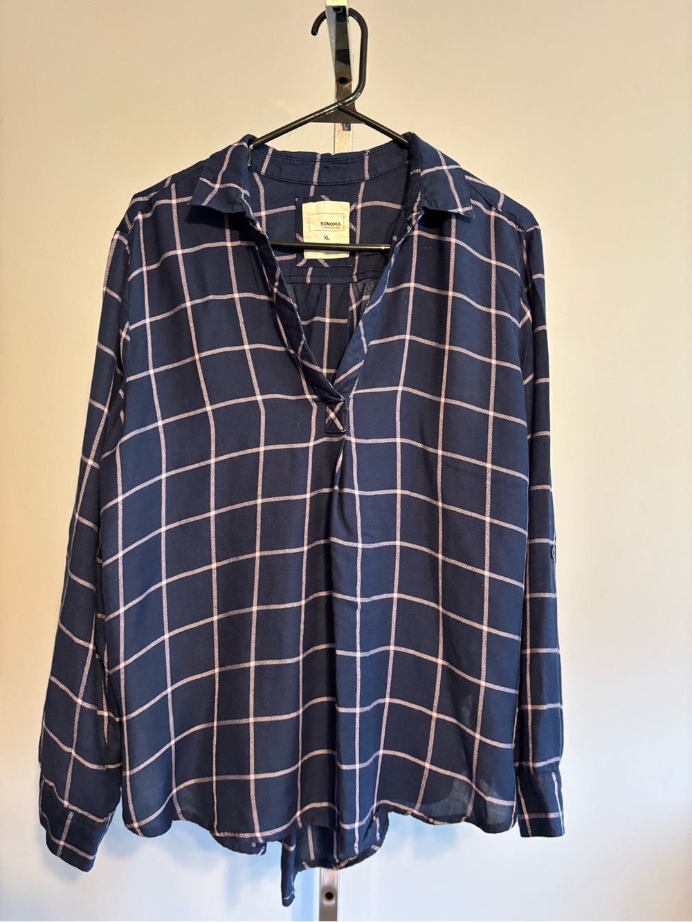 Sonoma‎ Womens  Deep V Neck Blue Plaid Pullover Buttons
